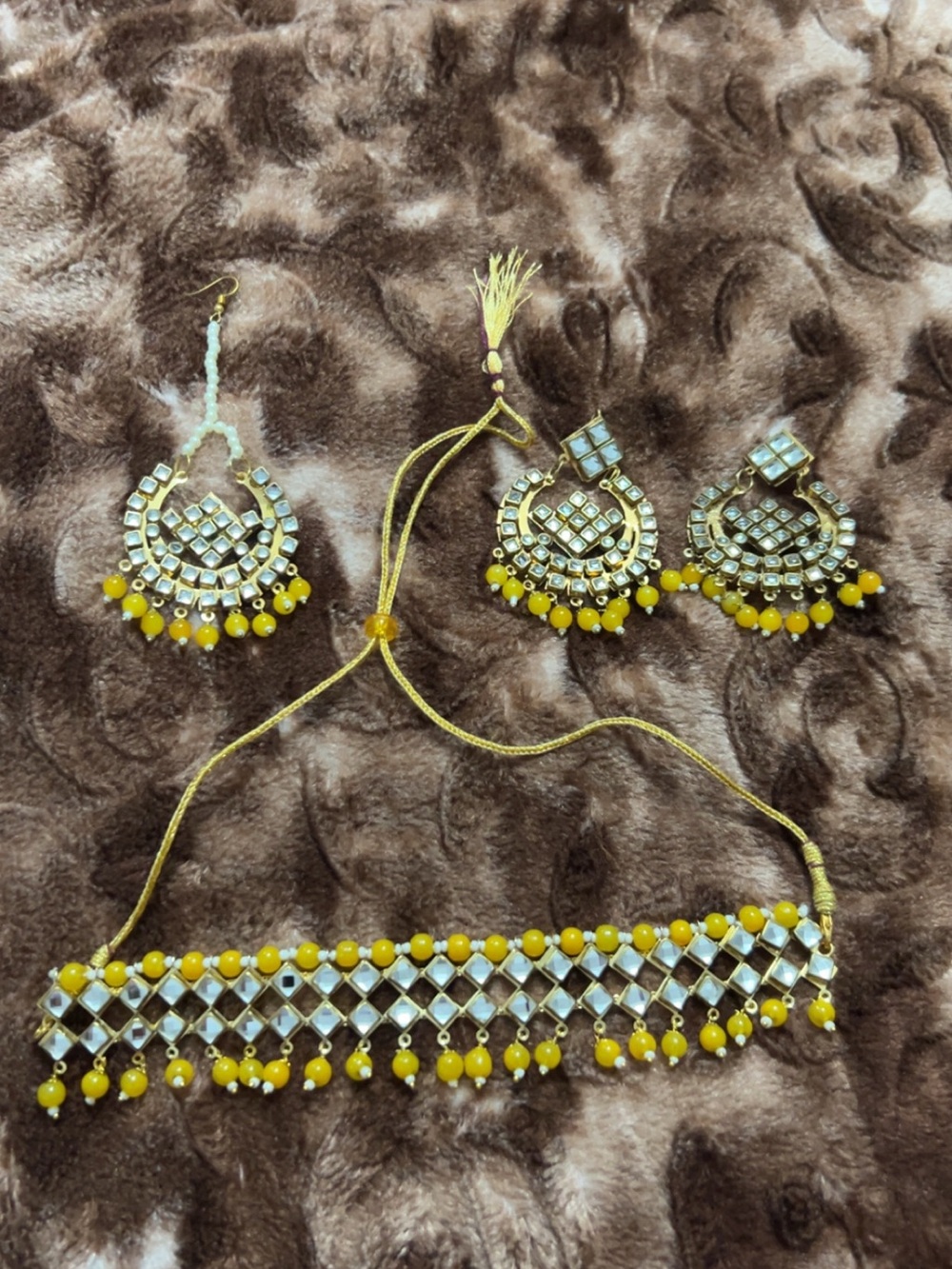 Yellow Kundan Choker Necklace and Earring Set